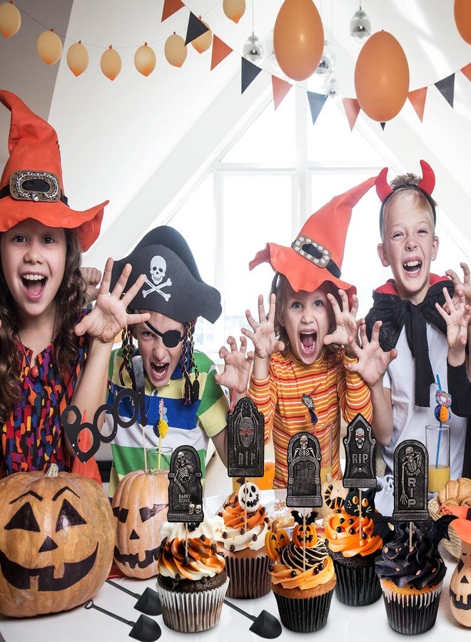 PADELO 48 Pcs Halloween Cupcake Toppers - Tombstones Graveyard Cake Topper, Halloween Cake Decorations with Mini Shovel Spoons, 8 Designs Helloween Cupcake Picks for Kids Birthday Helloween Party Decorations - Image 2