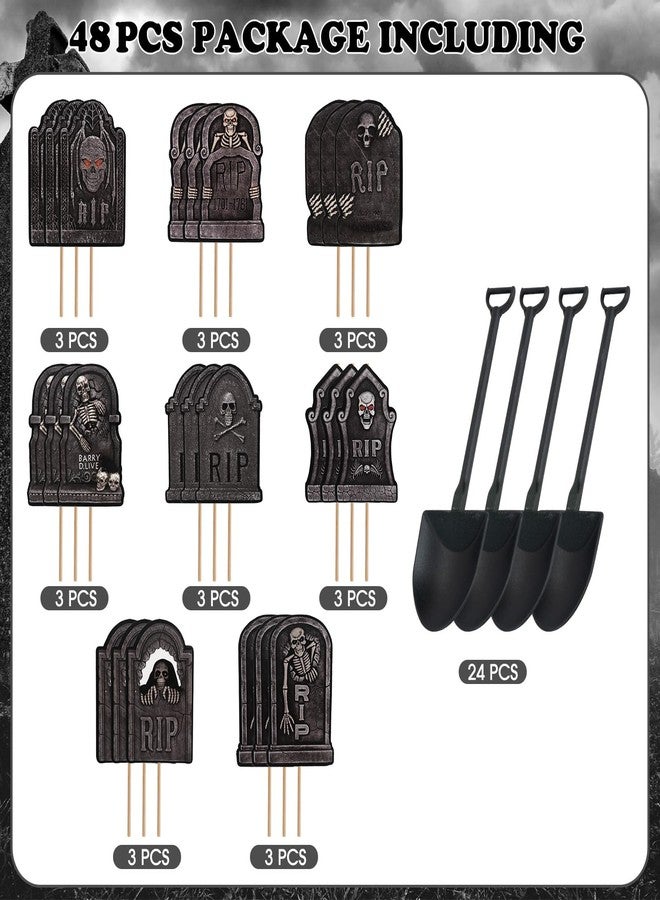 PADELO 48 Pcs Halloween Cupcake Toppers - Tombstones Graveyard Cake Topper, Halloween Cake Decorations with Mini Shovel Spoons, 8 Designs Helloween Cupcake Picks for Kids Birthday Helloween Party Decorations - Image 4