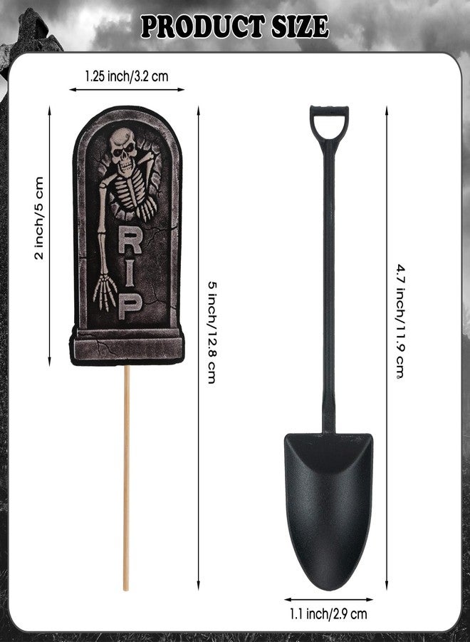 PADELO 48 Pcs Halloween Cupcake Toppers - Tombstones Graveyard Cake Topper, Halloween Cake Decorations with Mini Shovel Spoons, 8 Designs Helloween Cupcake Picks for Kids Birthday Helloween Party Decorations - Image 3