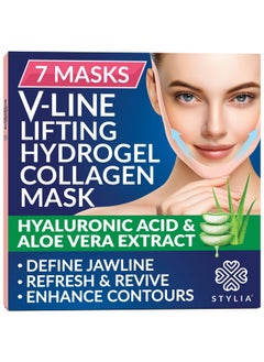 Stylia Double Chin Mask - V Line Chin Strap - Toning Hydrogel Collagen Face Mask with Hyaluronic Acid & Aloe Vera - 7PC