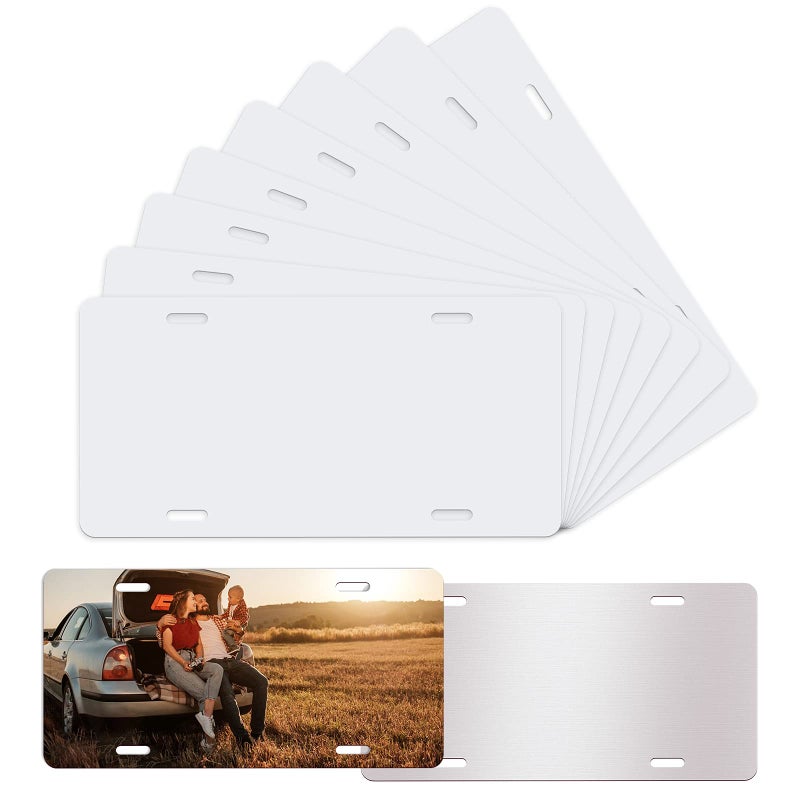 10 Pack Sublimation License Plate Blanks Metal Aluminum Automotive Front License Plate Tag Heat Thermal Transfer Sheet DIY Picture Sublimation Blank for Custom Design Work White