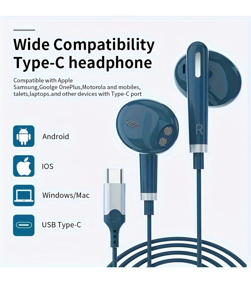 سماعات أذن سلكية من نوع USB-C تحتوي على ميكروفون وتحكم في مستوى الصوت، مع شريحة رقمية DAC عالية الجودة، لنقاء المكالمات وجودة الموسيقى، متوافقة مع الهواتف الذكية، ومناسبة لسلسلة آيفون 15 و16 وسلسلة سامسونج جالاكسي، باللون الأسود. - Image 1