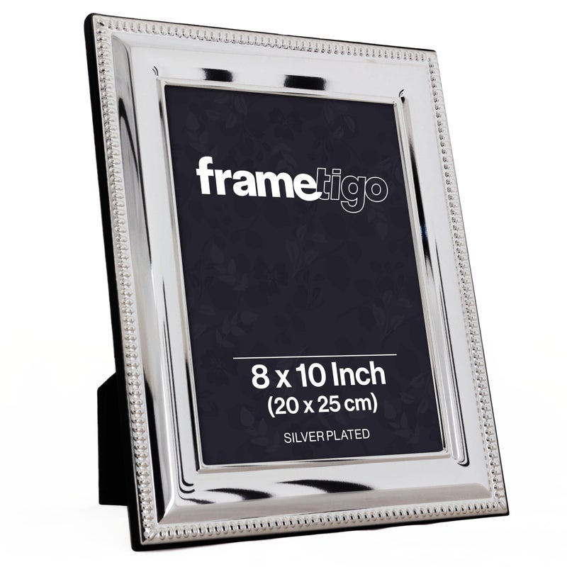 Frametigo  Silver Plated Bead Photo Frame 8x10 20x25cm Photo Size  Velvet Frame Backing  Stand  Real Glass Window  Tarnish Resistant  Landscape or Portrait Orientation