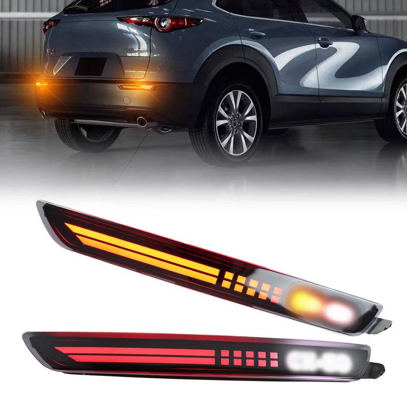 PGTOPONE Smoked LED Rear Bumper Reflectors Fog Brake Tail Light Sequential Turn Signal Lamps Accessories Compatible with Mazda CX30 CX30 2020 2021 2022 2023