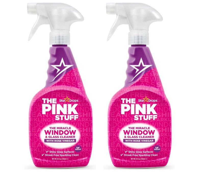 The Pink Stuff Miracle Window & Glass Cleaner Spray Pack of 2 x 750ml Rose Vinegar Streak Free Glass Cleaner for Windows Mirrors Bathroom Glass Powerful Shine