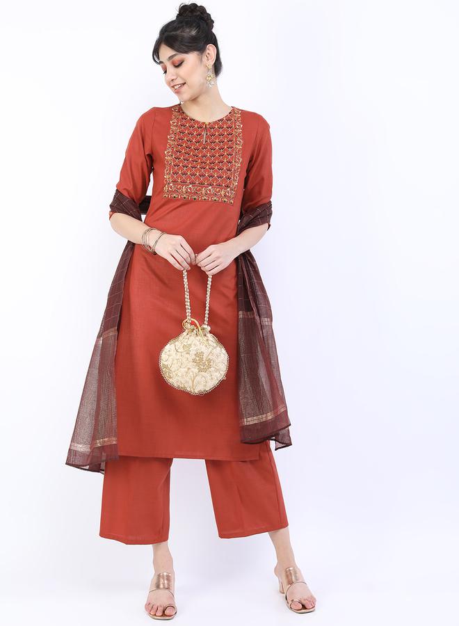 فيشود طقم كورتا مطرز باللون البني مع دوباتا للنساء - Image 1