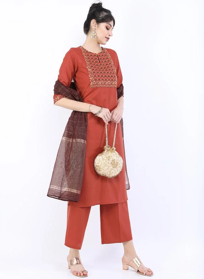 Vishudh Vishudh Women Brown Embroidered Kurta Set with Dupatta