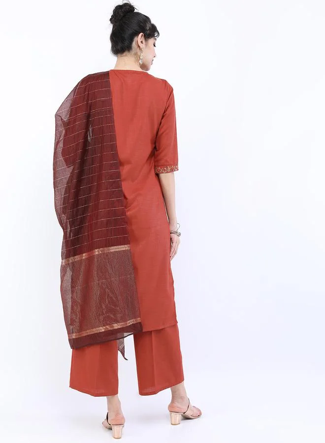 Vishudh Vishudh Women Brown Embroidered Kurta Set with Dupatta