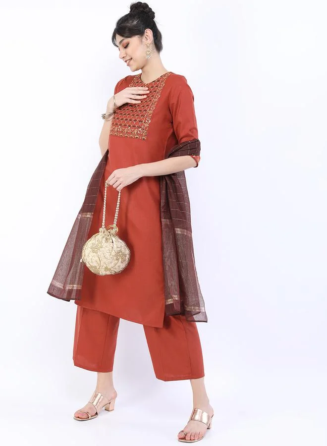 Vishudh Vishudh Women Brown Embroidered Kurta Set with Dupatta