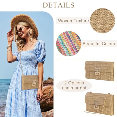 Tellrain Straw Clutch Purses for Women Summer Beach Handbags Boho Vacation Woven Raffia Envelope Wallets Fold Over Rattan Hand Purse Chain Crossbody Shoulder Bag Evening - Image 2