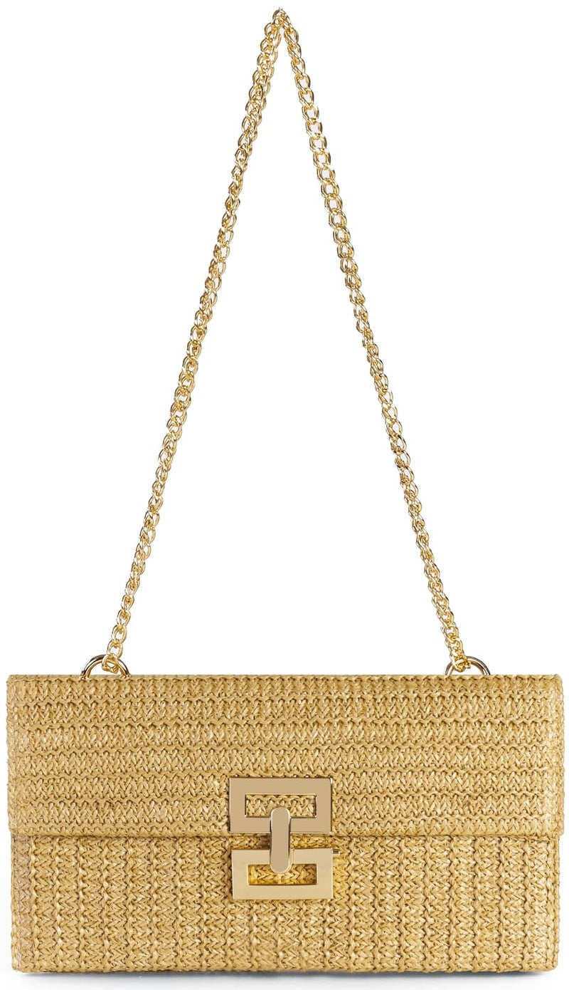 Tellrain Straw Clutch Purses for Women Summer Beach Handbags Boho Vacation Woven Raffia Envelope Wallets Fold Over Rattan Hand Purse Chain Crossbody Shoulder Bag Evening - Image 1