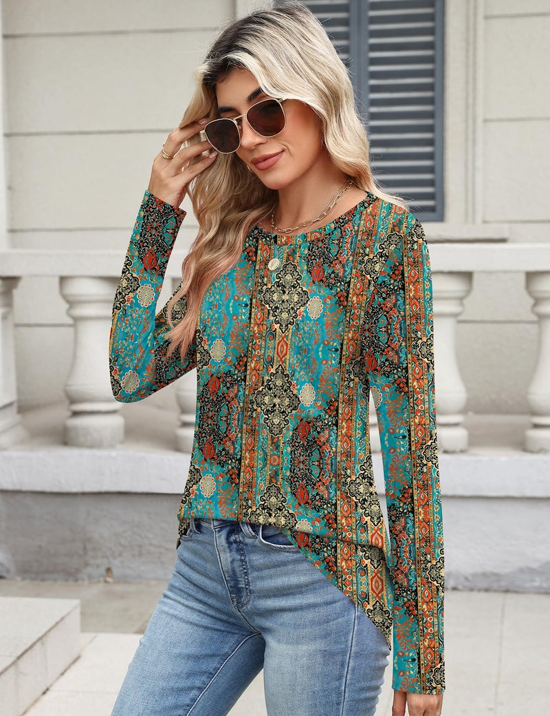 TCOT Womens Tops Long Sleeve Crewneck Regular Fit Dressy Casual Blouses Shirts for Women Paisley Pattern Clothes L - Image 5