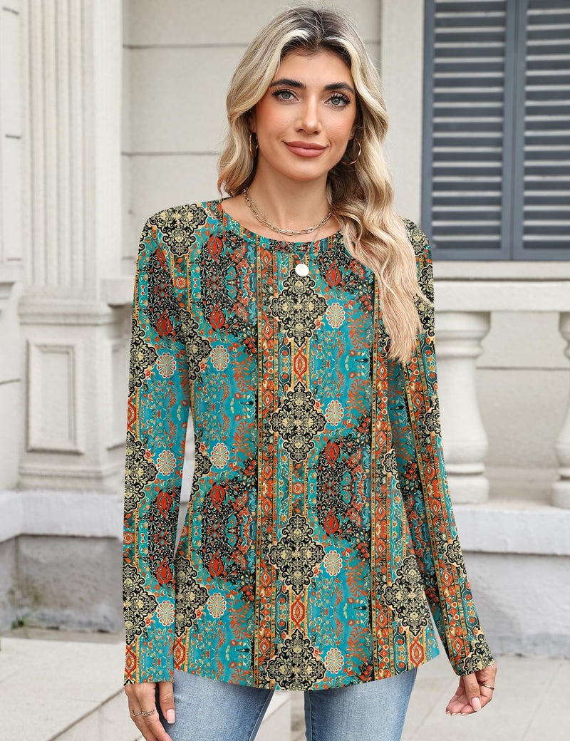 TCOT Womens Tops Long Sleeve Crewneck Regular Fit Dressy Casual Blouses Shirts for Women Paisley Pattern Clothes L - Image 2