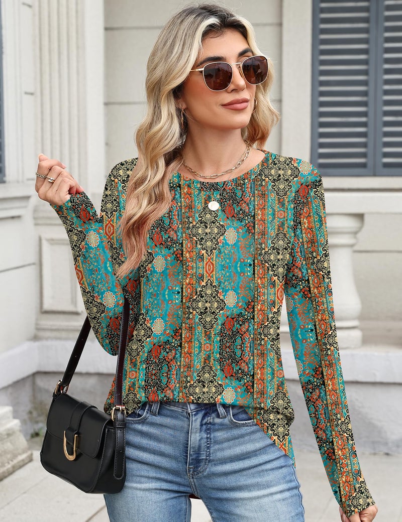 TCOT Womens Tops Long Sleeve Crewneck Regular Fit Dressy Casual Blouses Shirts for Women Paisley Pattern Clothes L - Image 4
