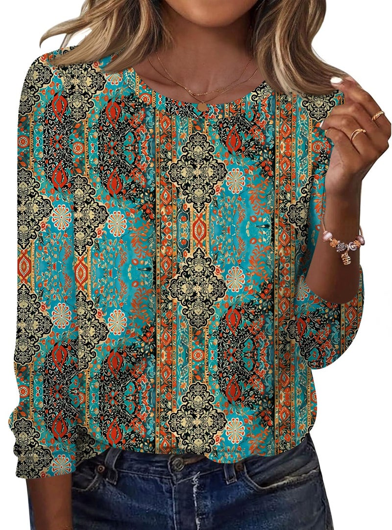 TCOT Womens Tops Long Sleeve Crewneck Regular Fit Dressy Casual Blouses Shirts for Women Paisley Pattern Clothes L - Image 1