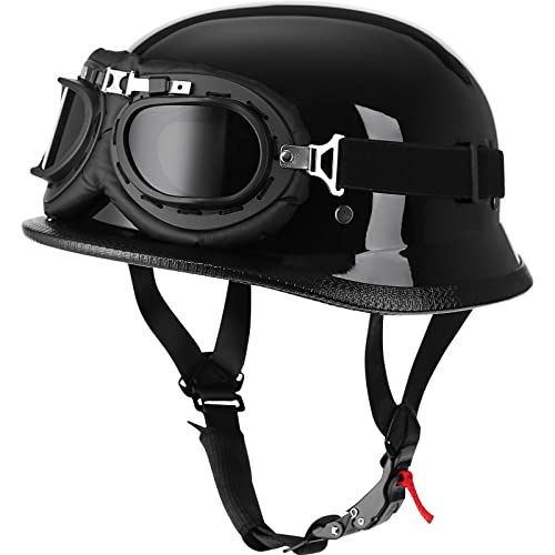 Yesmotor Helmet Half Shell German Motorcycle Helmet with Cycling Glasses - DOT Approved (Large, Light Black & Black) - Image 1