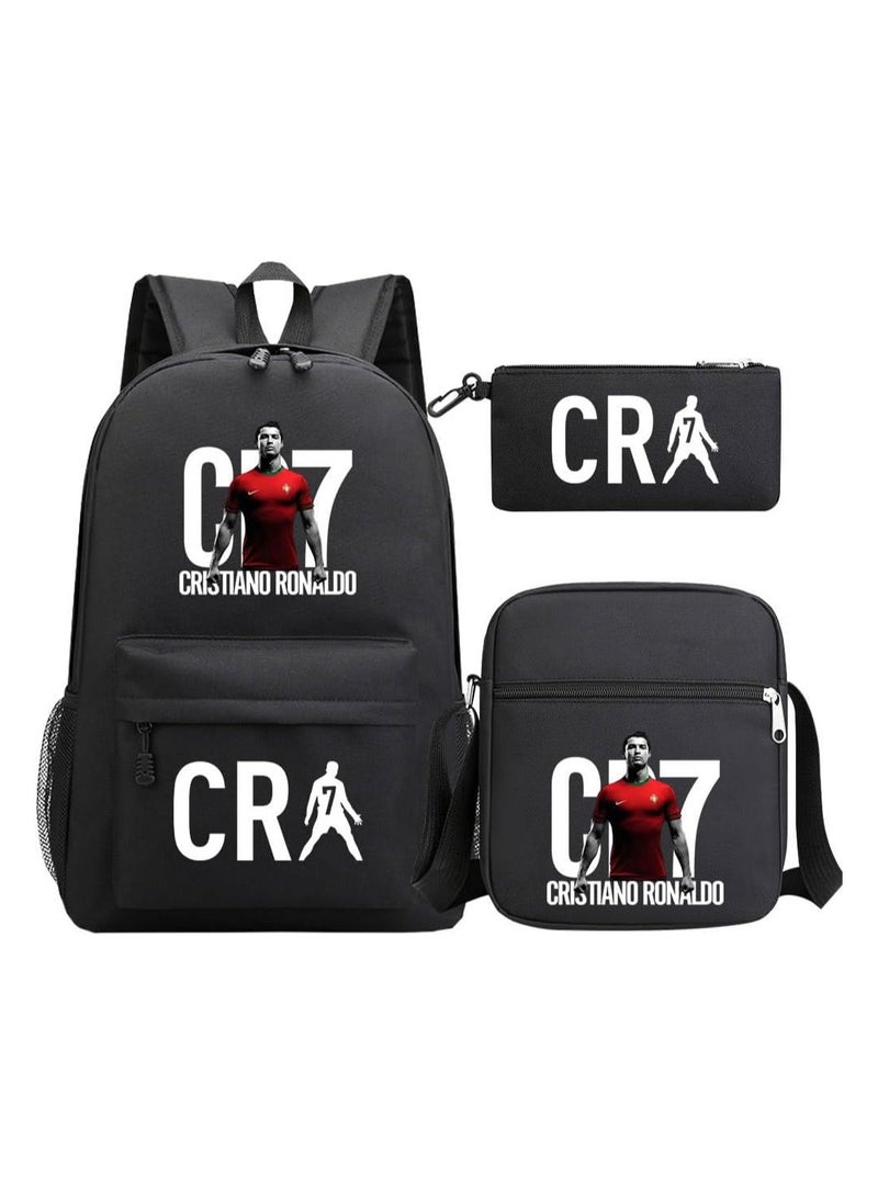 3PCS Backpack Set,CR7 Football Backpack,Large Capacity Casual Backpack with Lunch Bag and Pencil case for Boys Girls Fans