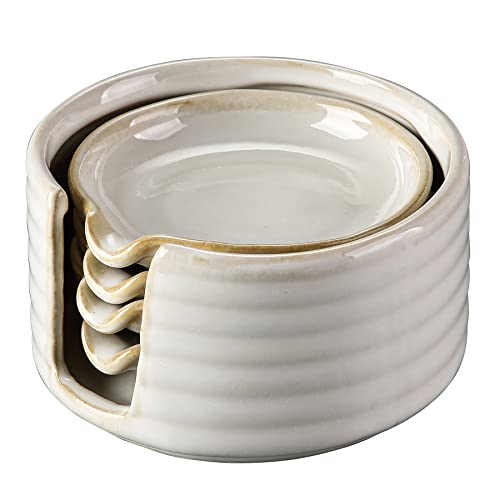 LIUCUON Ceramic Spoon Rest,Spoon Holder,Soy Sauce Dishes with Holder for Kitchen,Household Dipping Sauce Dishes Set, Side Dishes, Kitchen Basics,Set of 4 Kitchen Accessories For Utensils (cream) - Image 1