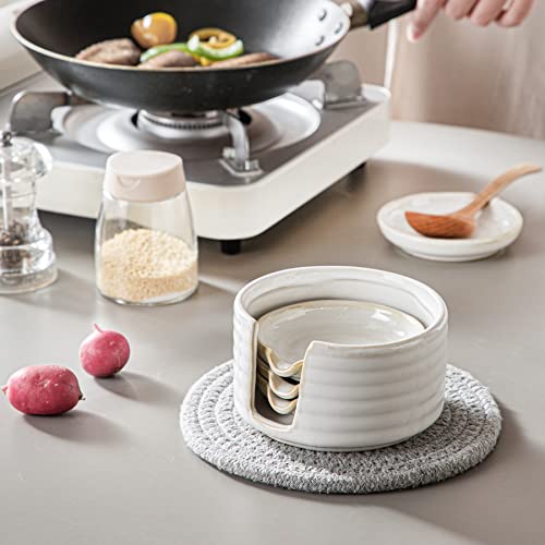 LIUCUON Ceramic Spoon Rest,Spoon Holder,Soy Sauce Dishes with Holder for Kitchen,Household Dipping Sauce Dishes Set, Side Dishes, Kitchen Basics,Set of 4 Kitchen Accessories For Utensils (cream) - Image 5