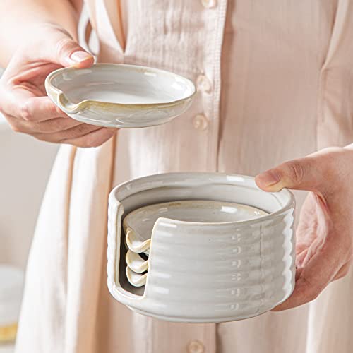 LIUCUON Ceramic Spoon Rest,Spoon Holder,Soy Sauce Dishes with Holder for Kitchen,Household Dipping Sauce Dishes Set, Side Dishes, Kitchen Basics,Set of 4 Kitchen Accessories For Utensils (cream) - Image 4