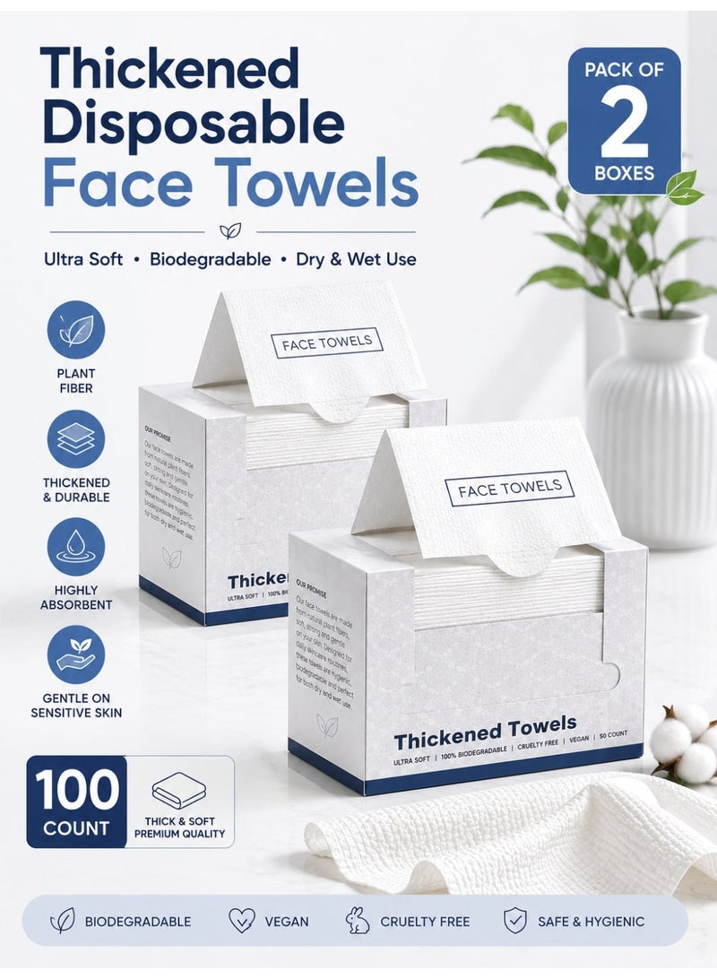 Eworld Disposable Face Towels, Ultra Soft Thickened Biodegradable Facial Cleansing Towels, Dry & Wet Face Tissue for Sensitive Skin, Makeup Remover, Daily Skincare, Beauty, Travel, Lint-Free & Highly Absorbent, 2 Boxes (100 Count) - Image 1