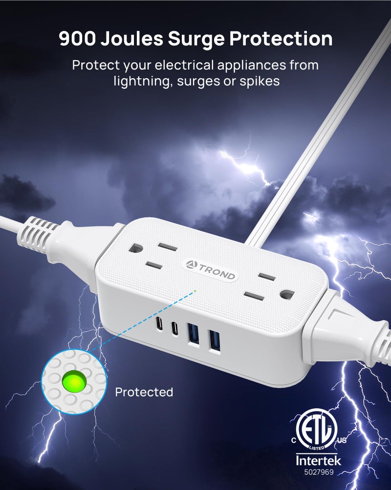 TROND 360° Rotating Flat Plug Power Strip, 5FT Extension Cord with 4 USB Ports, 4 Wide Spaced AC Outlets, Wall Mount, 900J Surge Protector for Office Travel Dorm Room Essentials, White - Image 5