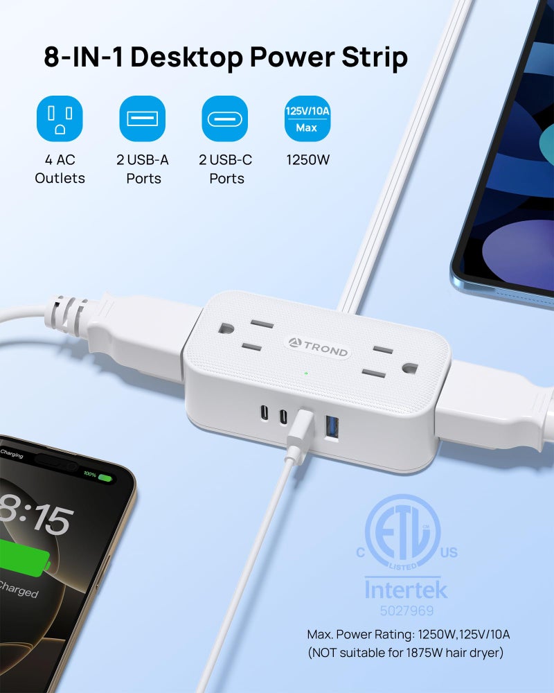 TROND 360° Rotating Flat Plug Power Strip, 5FT Extension Cord with 4 USB Ports, 4 Wide Spaced AC Outlets, Wall Mount, 900J Surge Protector for Office Travel Dorm Room Essentials, White - Image 3