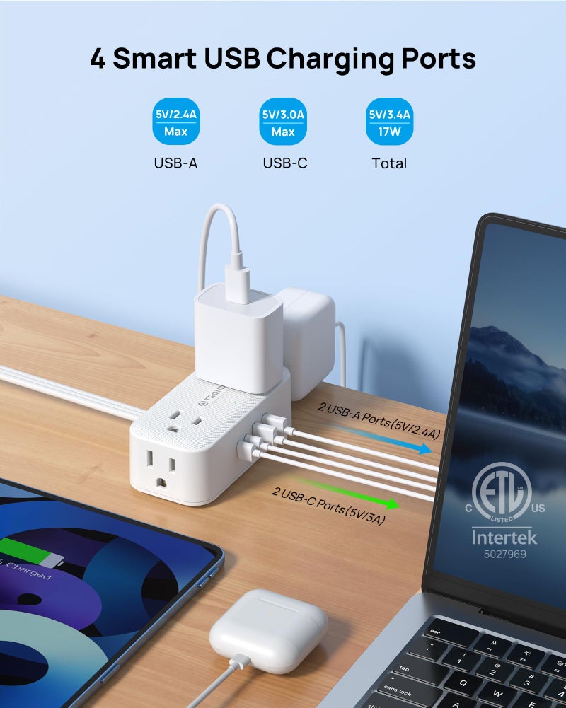 TROND 360° Rotating Flat Plug Power Strip, 5FT Extension Cord with 4 USB Ports, 4 Wide Spaced AC Outlets, Wall Mount, 900J Surge Protector for Office Travel Dorm Room Essentials, White - Image 4