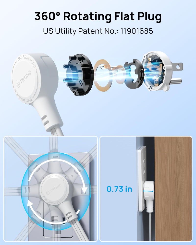 TROND 360° Rotating Flat Plug Power Strip, 5FT Extension Cord with 4 USB Ports, 4 Wide Spaced AC Outlets, Wall Mount, 900J Surge Protector for Office Travel Dorm Room Essentials, White - Image 2