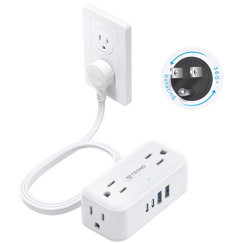 TROND 360° Rotating Flat Plug Power Strip, 5FT Extension Cord with 4 USB Ports, 4 Wide Spaced AC Outlets, Wall Mount, 900J Surge Protector for Office Travel Dorm Room Essentials, White - Image 1