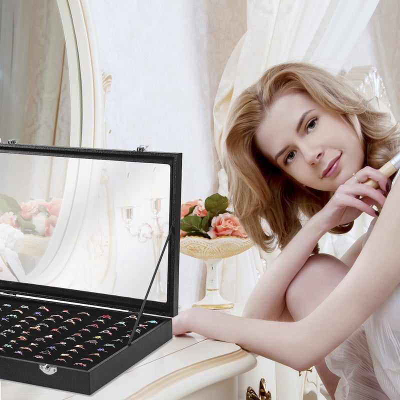 Siveit صندوق عرض خواتم سيفيت مع غطاء شفاف، حامل خواتم لعرض المجوهرات في المتاجر، منظم خواتم للمجوهرات، أقراط ستود (100 فتحة، أسود) - Image 4