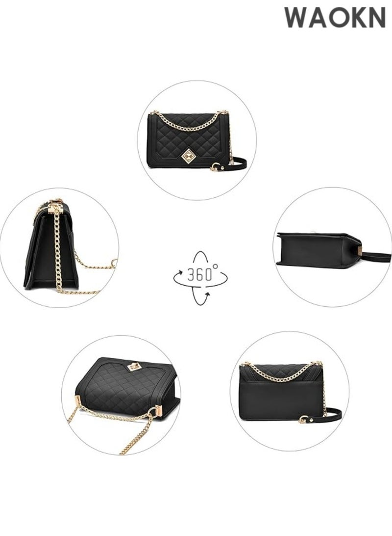 WAOKN Small Shoulder Bag for Women - PU Leather Handbag with Detachable Chain Strap - Stylish Tote Messenger Bag Crossbody Purse - Compact Lightweight Shoulder Bags for Daily Use & Travel (Black)" - Image 3