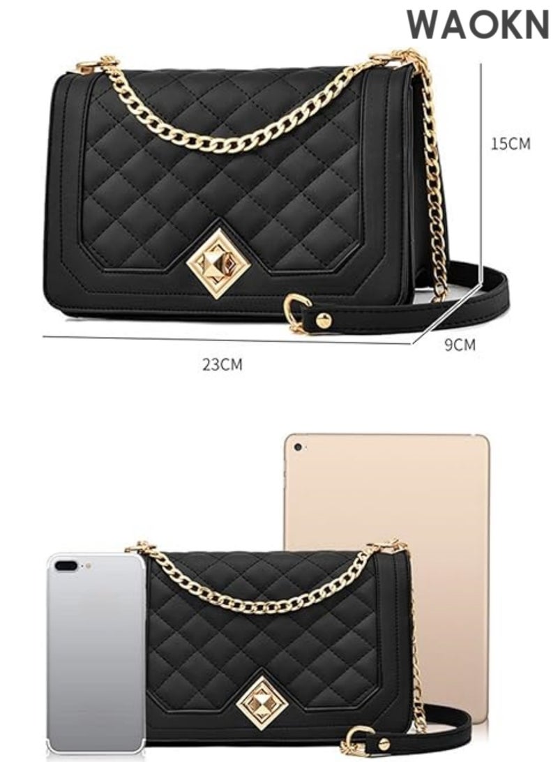 WAOKN Small Shoulder Bag for Women - PU Leather Handbag with Detachable Chain Strap - Stylish Tote Messenger Bag Crossbody Purse - Compact Lightweight Shoulder Bags for Daily Use & Travel (Black)" - Image 1