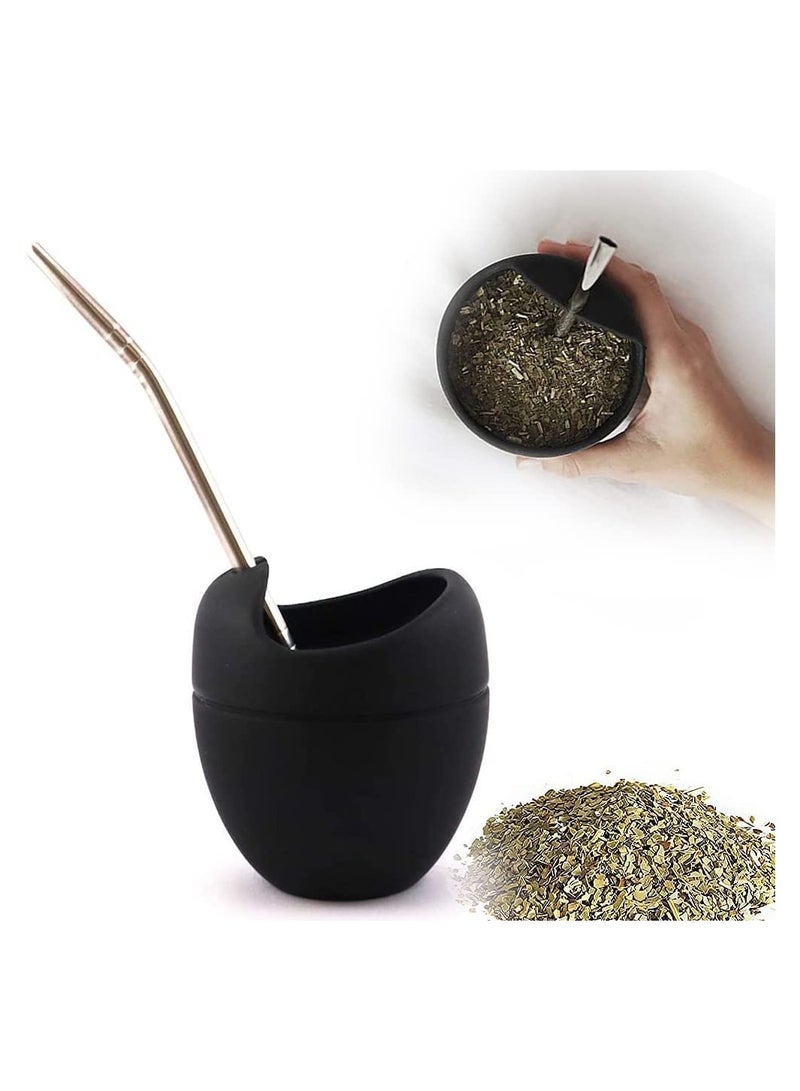 KASTWAVE Reusable Silicone Cups, Silicone Mate Gourd Cup Mug Gourd Set With Stainless Steel Straw Filter To Drink Tea And Yerba Mate Drinking, BPA Free, Easy To Clean, 180 Ml (Black)  - Image 1