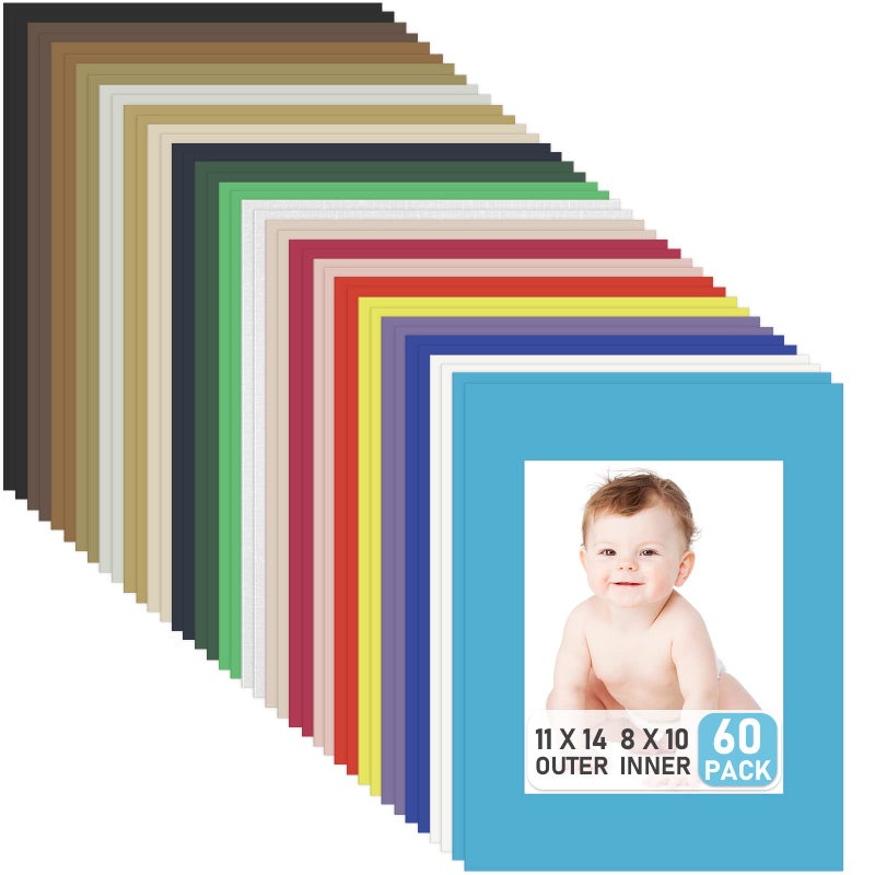 60 حزمة من إطارات الصور 11 × 14 بوصة مع ماتس مقطوعة مسبقًا خالية من الحمض مع نواة بيضاء وقص مائل لصور 8 × 10 للديكور الفني في المنزل بألوان مختلطة