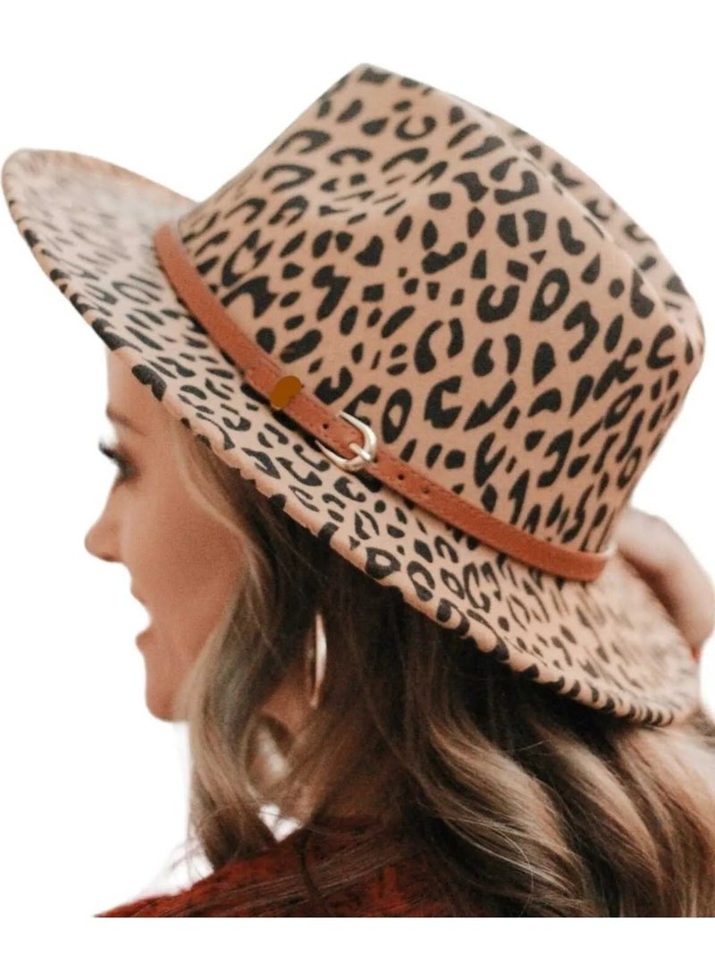 Trenderrs Women's Leopard Patterned Panama Fedora Hat  - Image 1