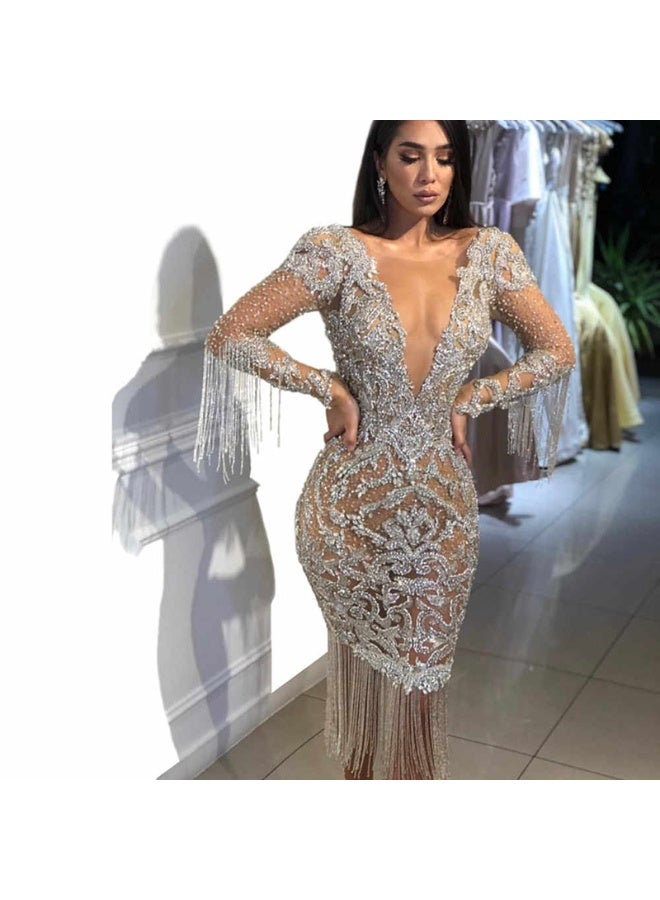 NIBEMINENT Dubai Luxury Cocktail Dresses Long Sleeves Deep V Neck Sequined  Robe De Soiree Evening Party Gowns with Tassels - Image 1