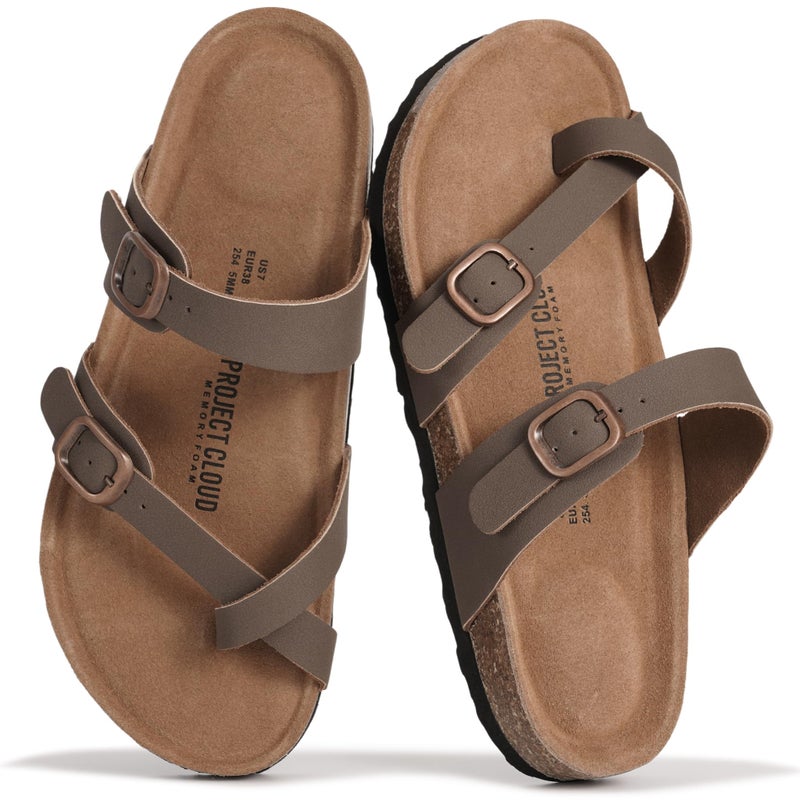 Project Cloud 100% Genuine Leather Womens Sandals - Comfortable Cork Footbed Slides with Memory Foam Beach Essential Summer Sandals For Women 2026, MOCHALEA,8M