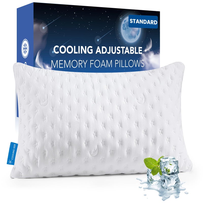 KUCEY Cooling Side Sleeper Pillow for Neck and Shoulder Pain, Luxury Shredded Memory Foam Firm Cool Bed Pillows for Sleeping Set of 1- Adjustable Standard Size- Washable Cover Original White - Image 1