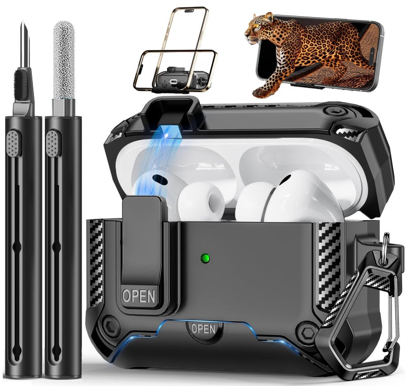 Polislime for AirPods Pro 3 Case (2025) with Phone Stand,Full Drop Protection Automatic Snap Switch Design with Cleaner Kit for iPod Pro 3rd Charging (USB-C/Lightning Cable)-Balck - Image 1