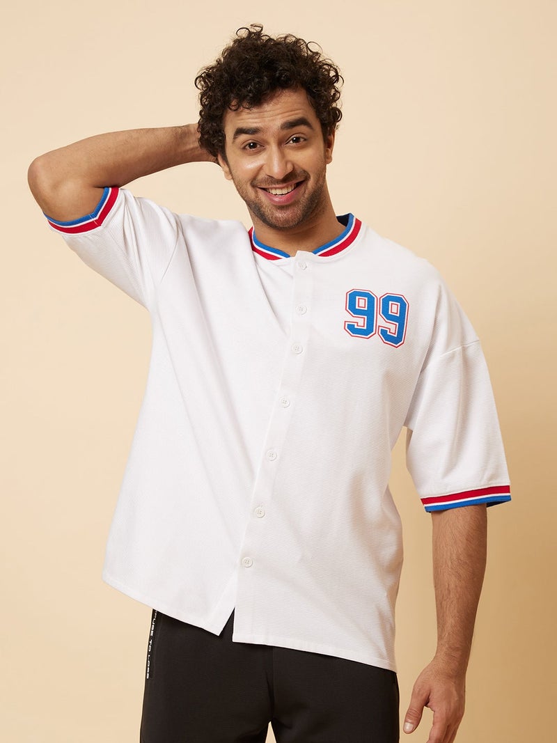Globus Men's T-Shirt White and Blue Casual with Typography Print and Baseball Collar - Image 1