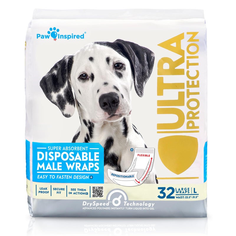 Paw Inspired Male Dog Wraps Disposable Dog Diapers Belly Bands for Small Medium Large Dogs 32 Count Size Large