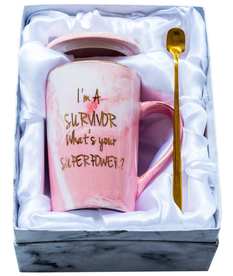 Mugpie Cancer Survivor Gifts for Women Survivor Gift for Breast Cancer Awareness Chemo Patient Friends Coworker Cute Christmas Gifts Im A Survivor Whats Your Superpower Coffee Mug Gift Box