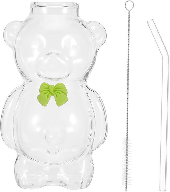 Green Bear Shaped Glass Cup With Straw And Brush 320ml Reusable Drinkware For Coffee Juice Milk Water - Image 1
