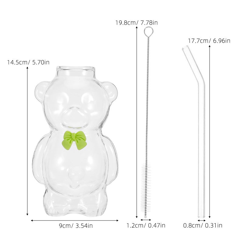Green Bear Shaped Glass Cup With Straw And Brush 320ml Reusable Drinkware For Coffee Juice Milk Water - Image 3