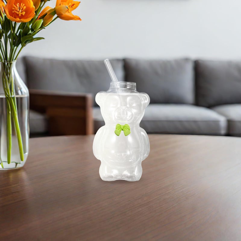 Green Bear Shaped Glass Cup With Straw And Brush 320ml Reusable Drinkware For Coffee Juice Milk Water - Image 5