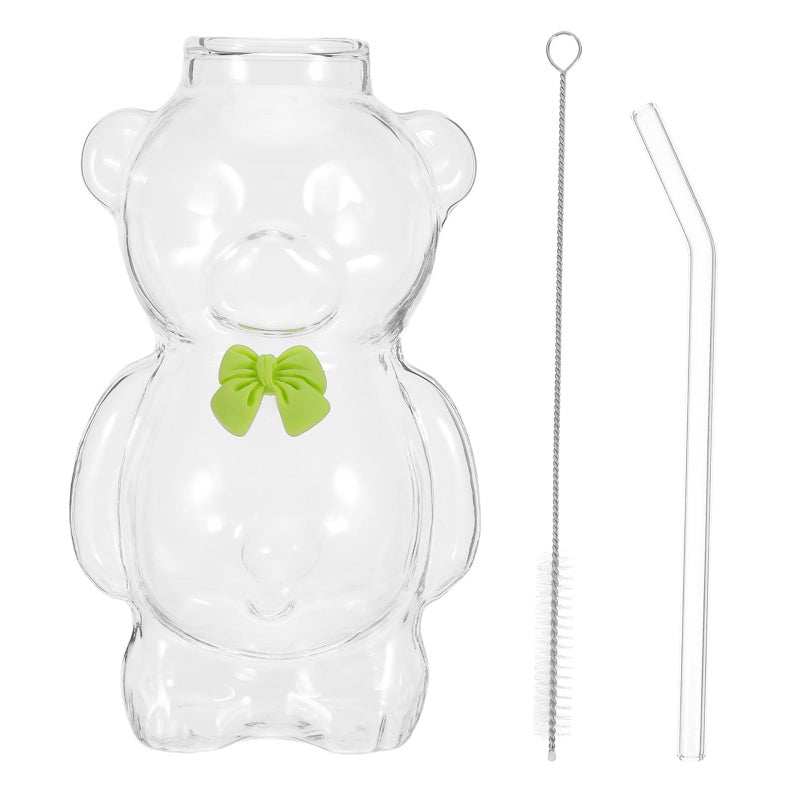 Green Bear Shaped Glass Cup With Straw And Brush 320ml Reusable Drinkware For Coffee Juice Milk Water - Image 2