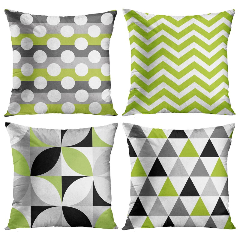 ArtSocket Set of 4 Throw Pillow Covers Green Black Lime Mosaic Pattern Gray Grey White Retro Triangles Geometric Decorative Pillow Cases Home Decor Square 18x18 Inches Pillowcases