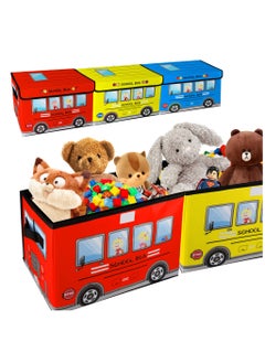 XiuWoo Toys Organizer 3 Packs Kids Toy Chest, Collapsible Storage Cubes Organizer with Handles, Kids Toy Bin with Lids, School Bus Pattern Toy Storage Organizer for Boys, Girls, Playroom, Closet, Living Room  - Image 1