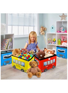 XiuWoo Toys Organizer 3 Packs Kids Toy Chest, Collapsible Storage Cubes Organizer with Handles, Kids Toy Bin with Lids, School Bus Pattern Toy Storage Organizer for Boys, Girls, Playroom, Closet, Living Room  - Image 5